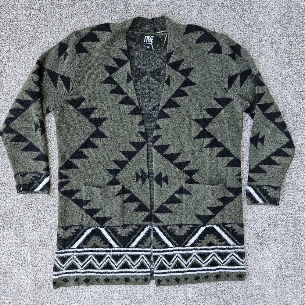 Frye Green Aztec Print Cardigan Sweater Open Front Tribal Jacquard Long Jacket L